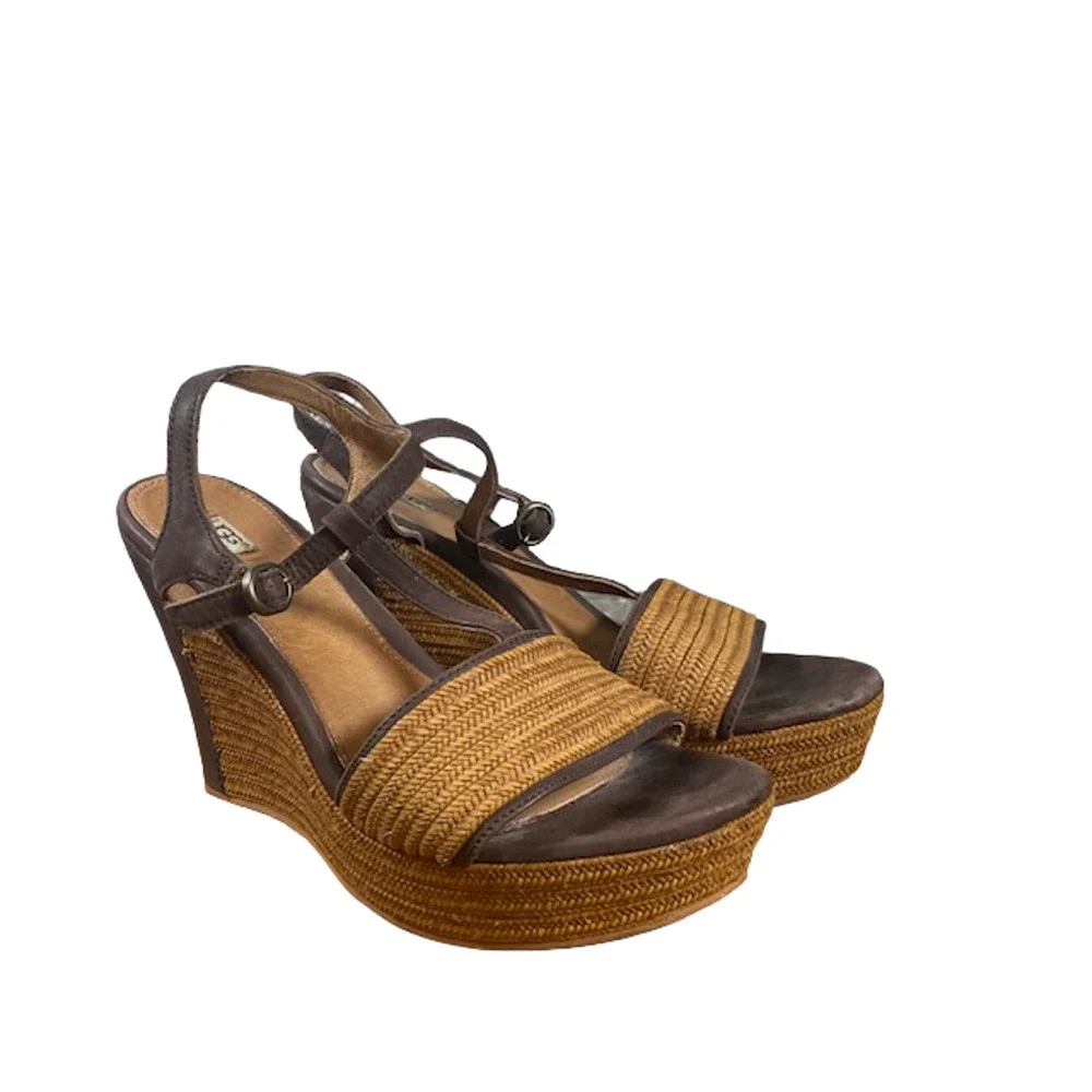 UGG Women’s Brown Leather T-Strap Woven Detail Wedge Espadrille Sandals Size 9
